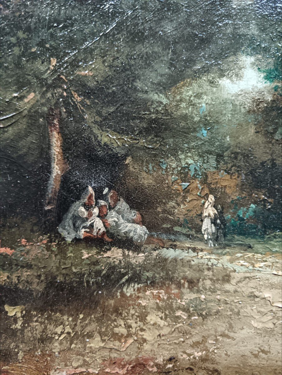 Barbizon School. Oil On Canvas "the Halt In The Forest" 30 X 45 Cm-photo-3