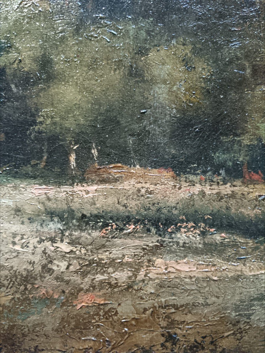 Barbizon School. Oil On Canvas "the Halt In The Forest" 30 X 45 Cm-photo-5