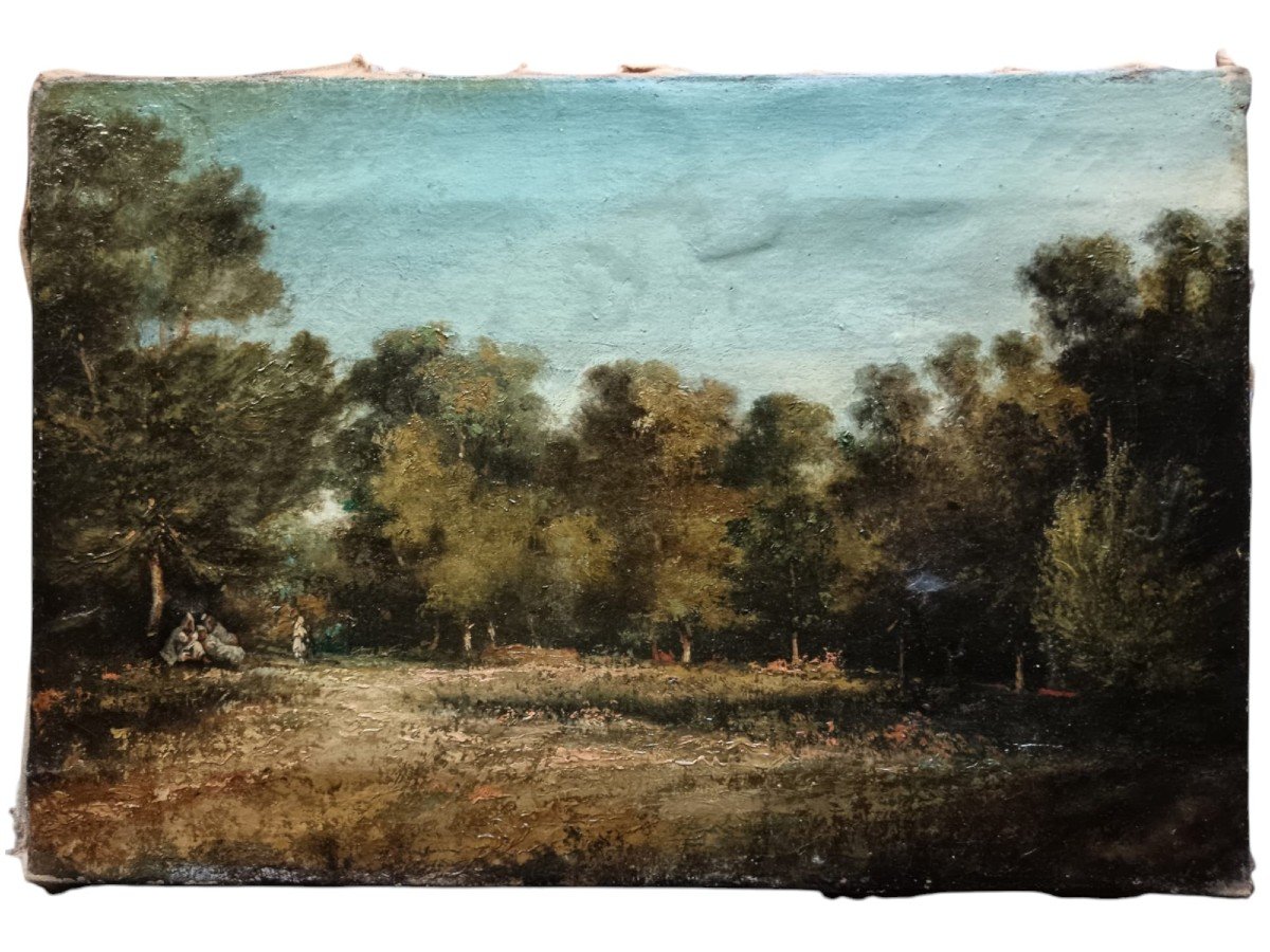 Barbizon School. Oil On Canvas "the Halt In The Forest" 30 X 45 Cm