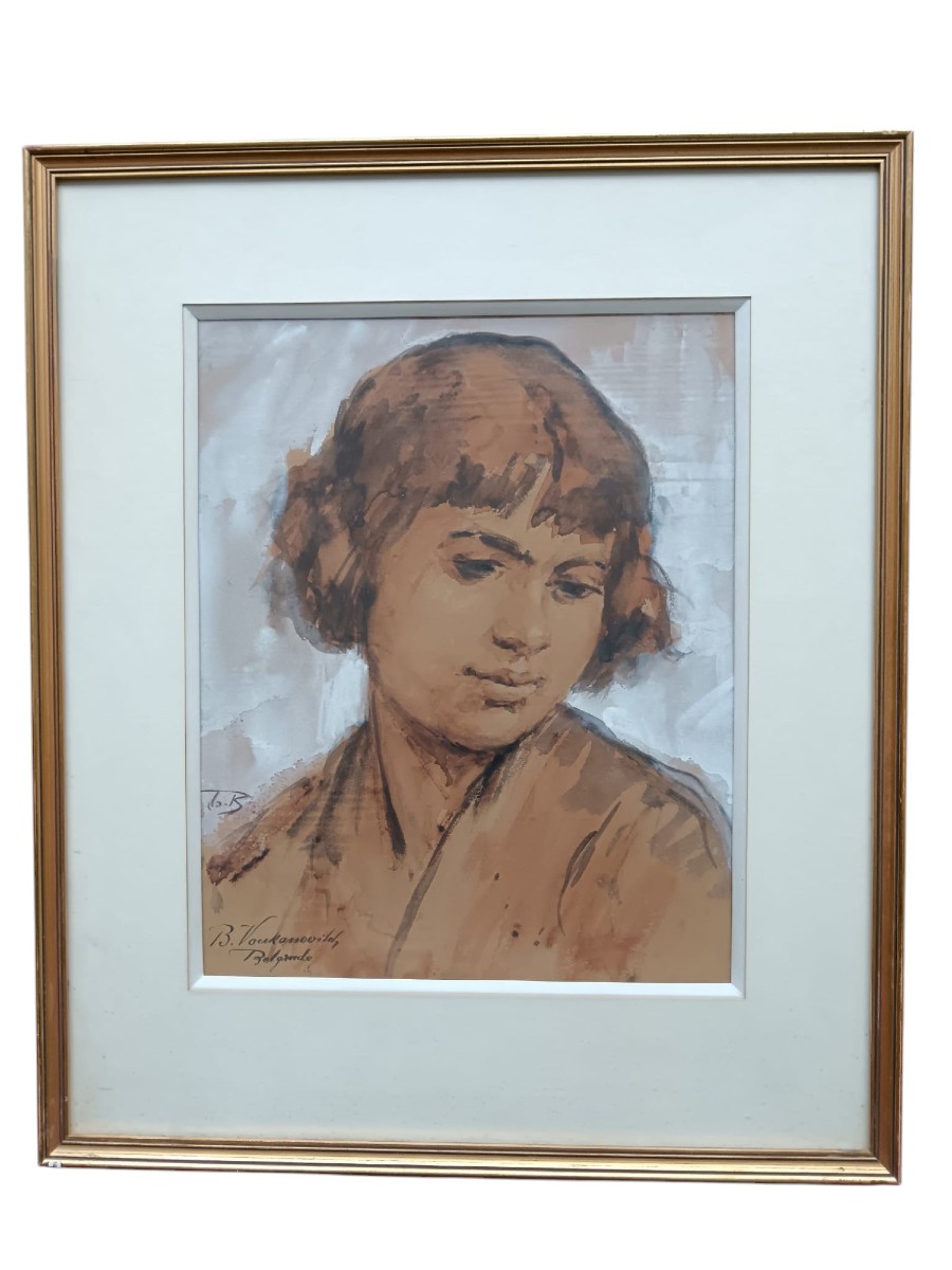 Beta Voukanovic. Aquarelle gouachée "pensées intimes" 31 X 25 Cm