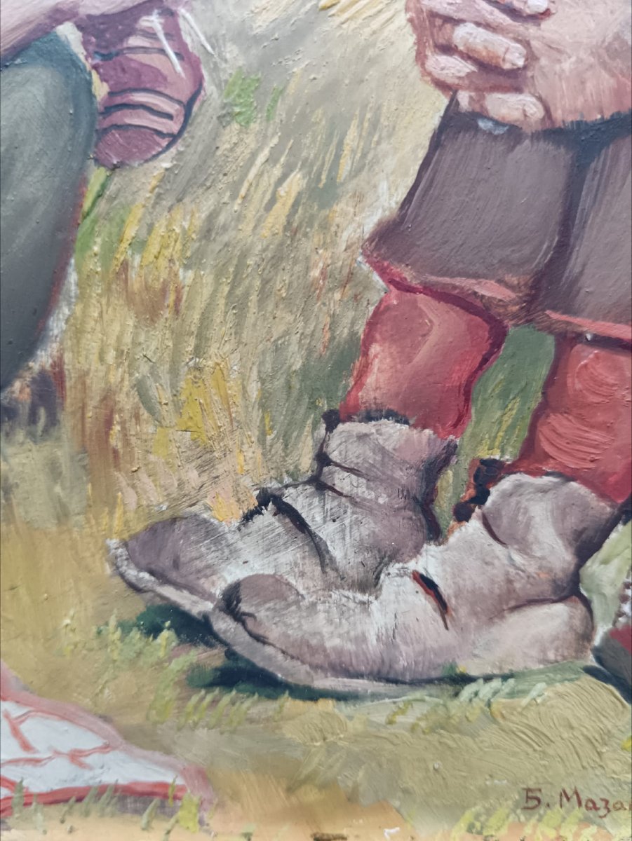 école Serbe. Huile sur cuivre "deux meules de foin bien gardées"16 X 20,5 Cm-photo-1
