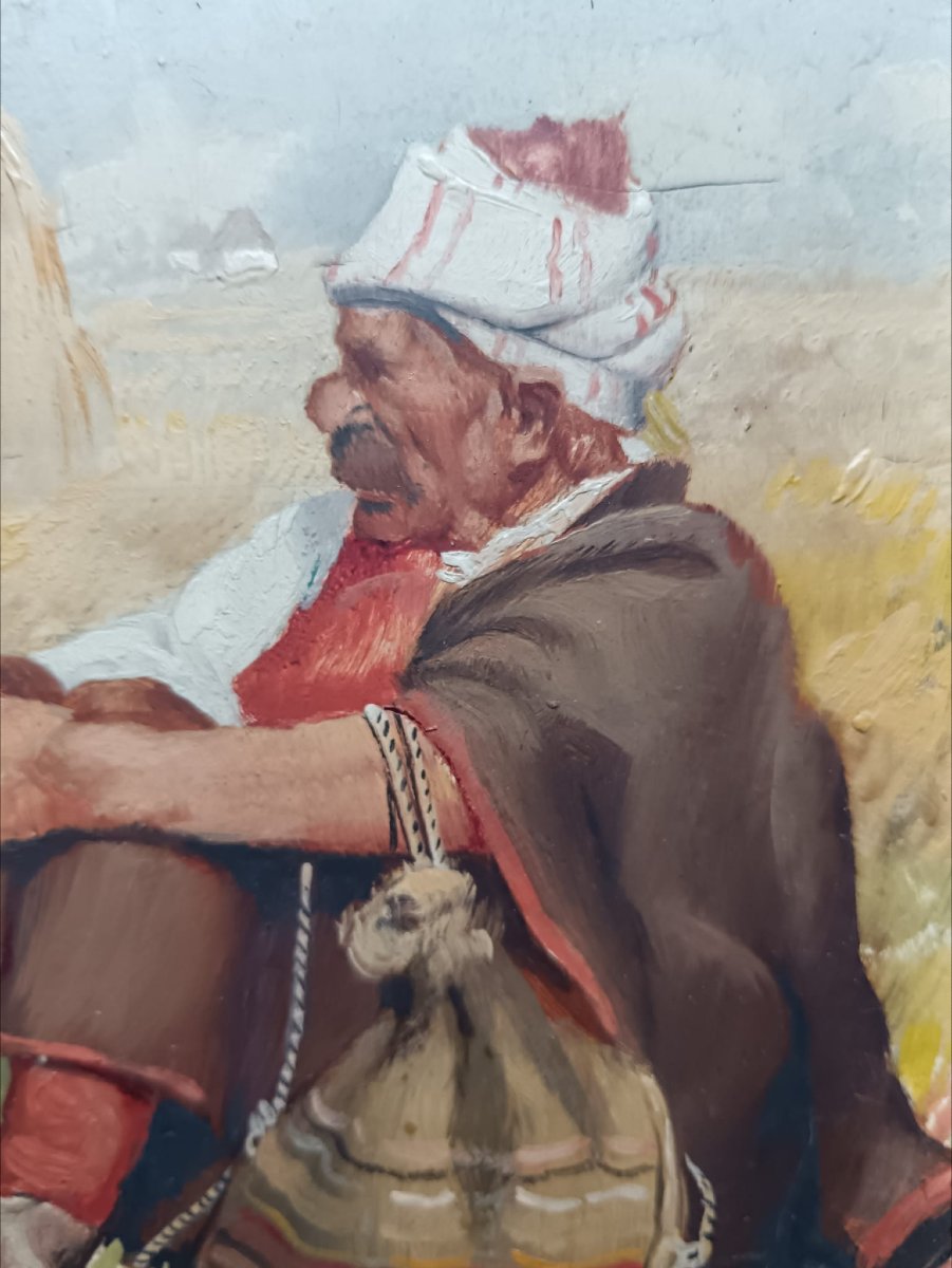 école Serbe. Huile sur cuivre "deux meules de foin bien gardées"16 X 20,5 Cm-photo-3
