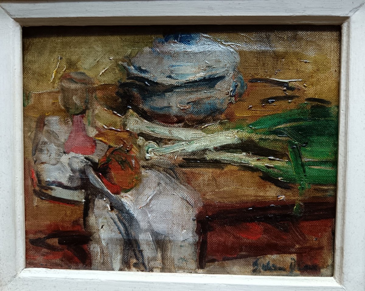 Huile Sur Toile "bientôt la soupe aux poireaux" 19,8 X 24,5 Cm-photo-1
