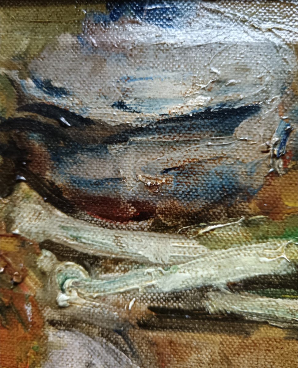 Huile Sur Toile "bientôt la soupe aux poireaux" 19,8 X 24,5 Cm-photo-3