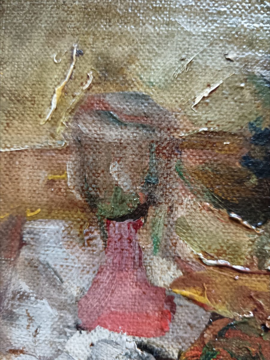 Huile Sur Toile "bientôt la soupe aux poireaux" 19,8 X 24,5 Cm-photo-4