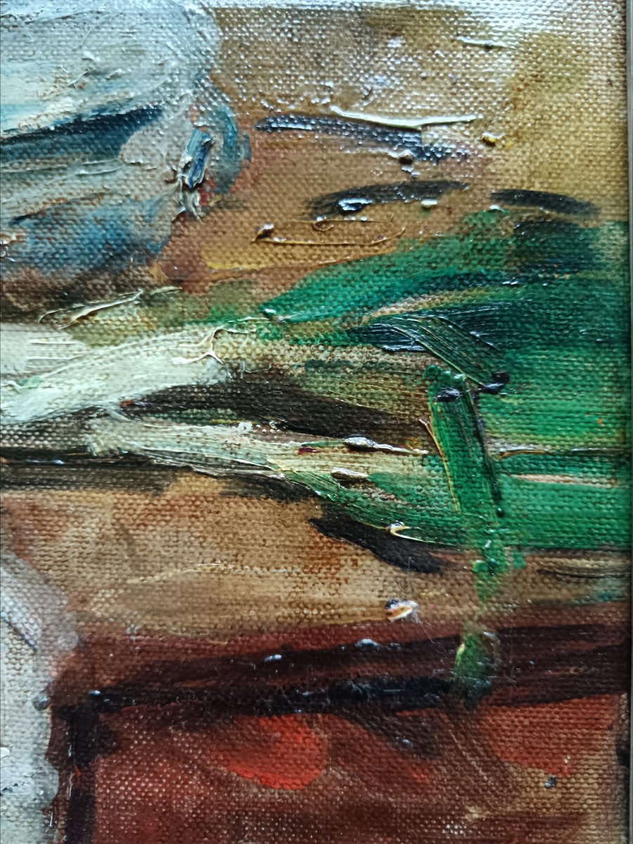 Huile Sur Toile "bientôt la soupe aux poireaux" 19,8 X 24,5 Cm-photo-5