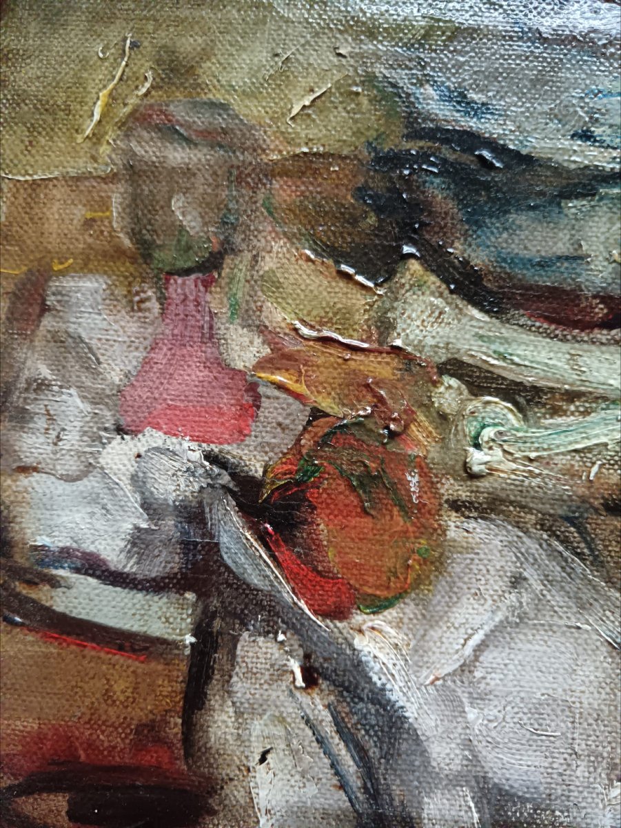 Huile Sur Toile "bientôt la soupe aux poireaux" 19,8 X 24,5 Cm-photo-6