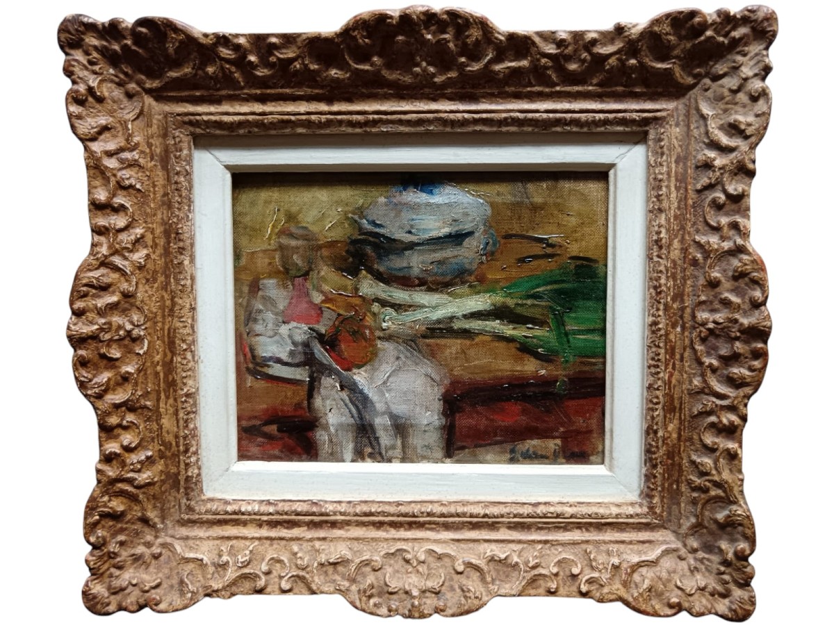 Huile Sur Toile "bientôt la soupe aux poireaux" 19,8 X 24,5 Cm