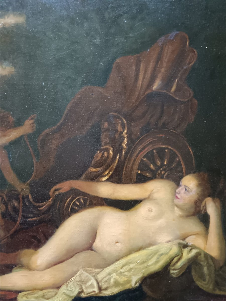 Huile sur toile "Vénus alanguie auprès de son char" 78,6 X 64,8 cm-photo-4
