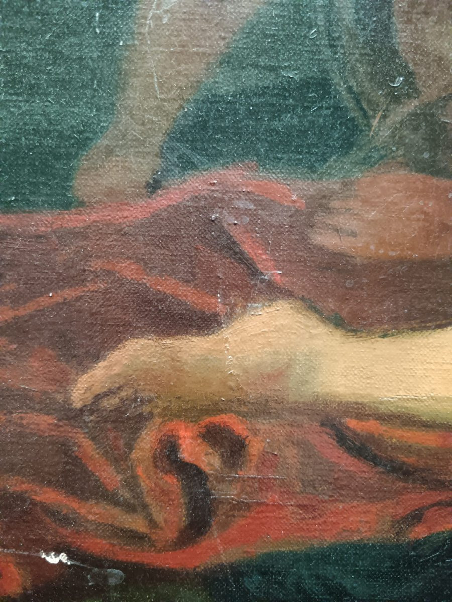 Huile sur toile "Vénus alanguie auprès de son char" 78,6 X 64,8 cm-photo-2