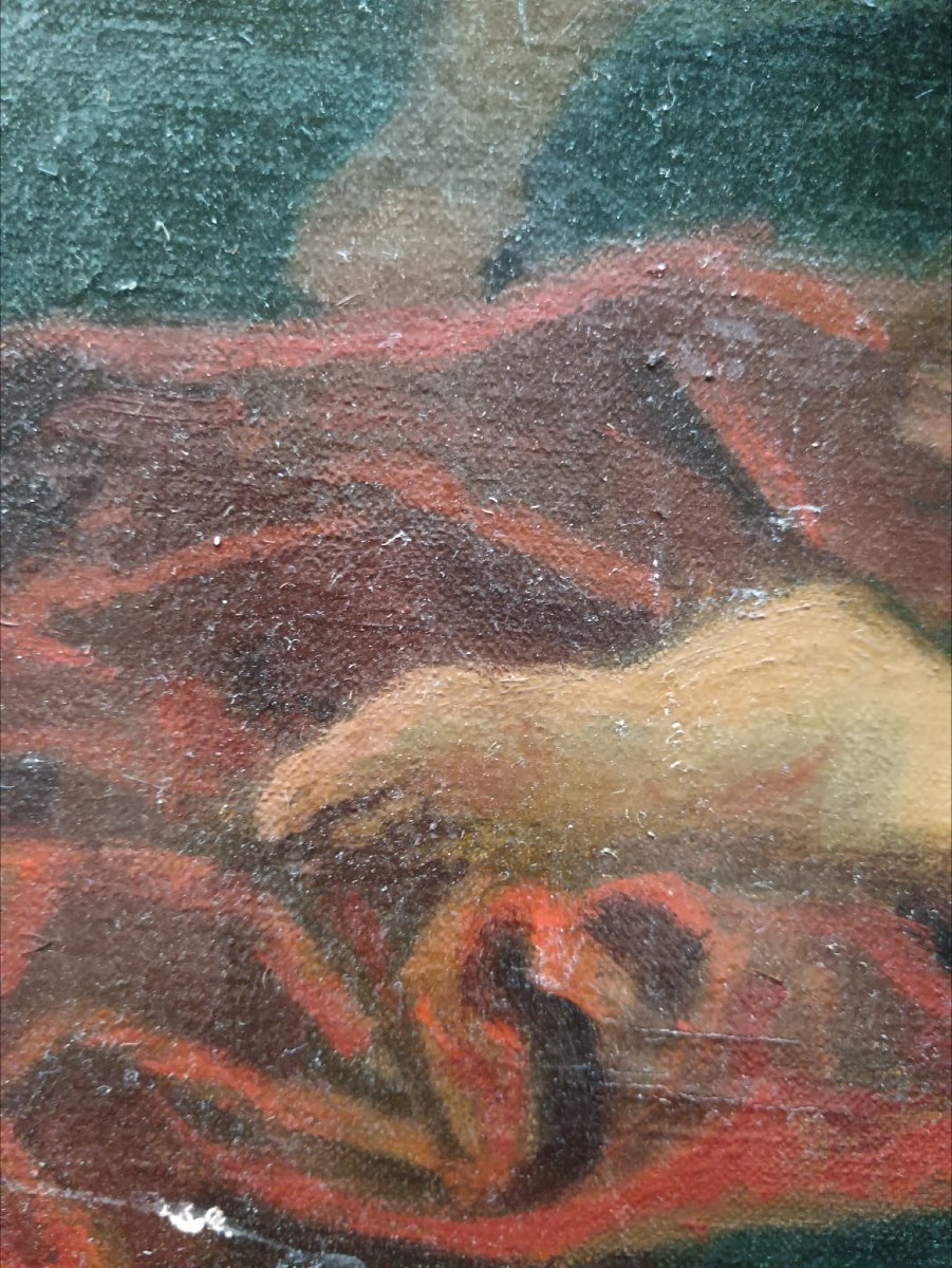 Huile sur toile "Vénus alanguie auprès de son char" 78,6 X 64,8 cm-photo-5