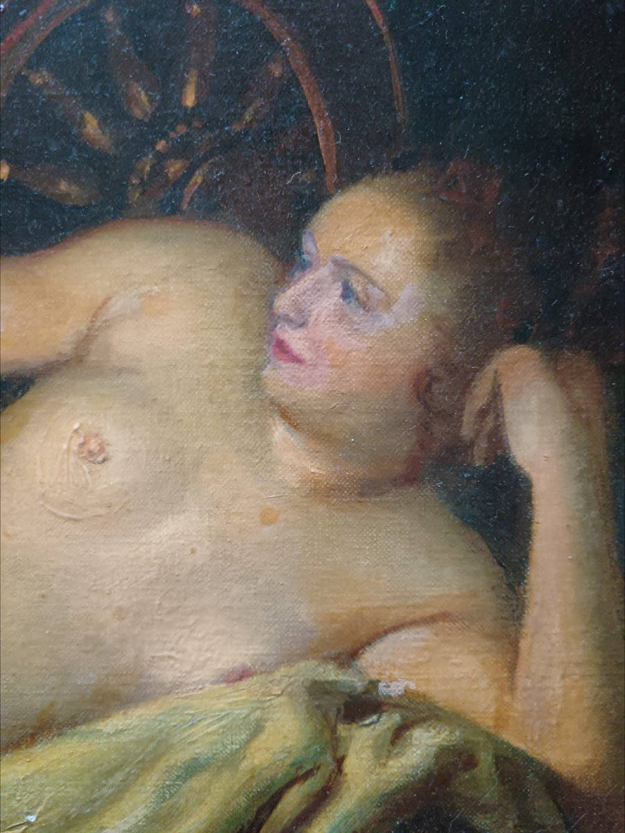 Huile sur toile "Vénus alanguie auprès de son char" 78,6 X 64,8 cm-photo-8