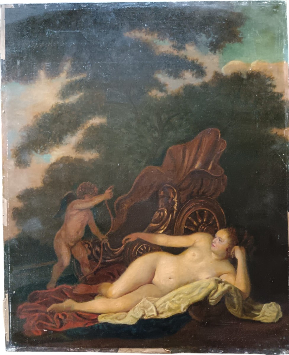 Huile sur toile "Vénus alanguie auprès de son char" 78,6 X 64,8 cm