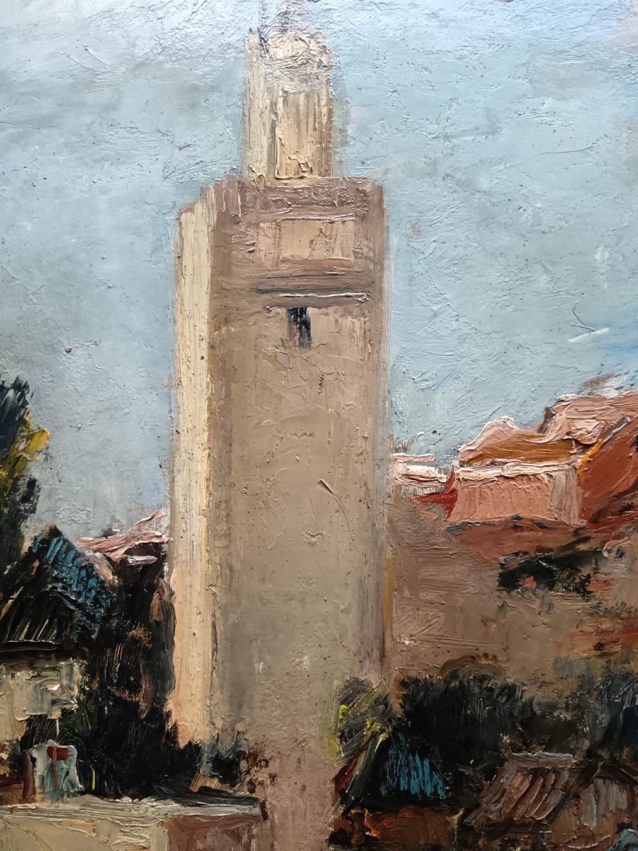 Ecole orientaliste. Huile sur carton "Bab Guissa à Fez" 70 X 98,5 cm-photo-1
