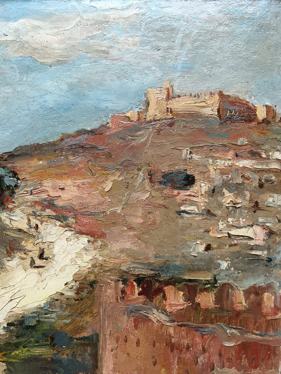 Ecole orientaliste. Huile sur carton "Bab Guissa à Fez" 70 X 98,5 cm-photo-6