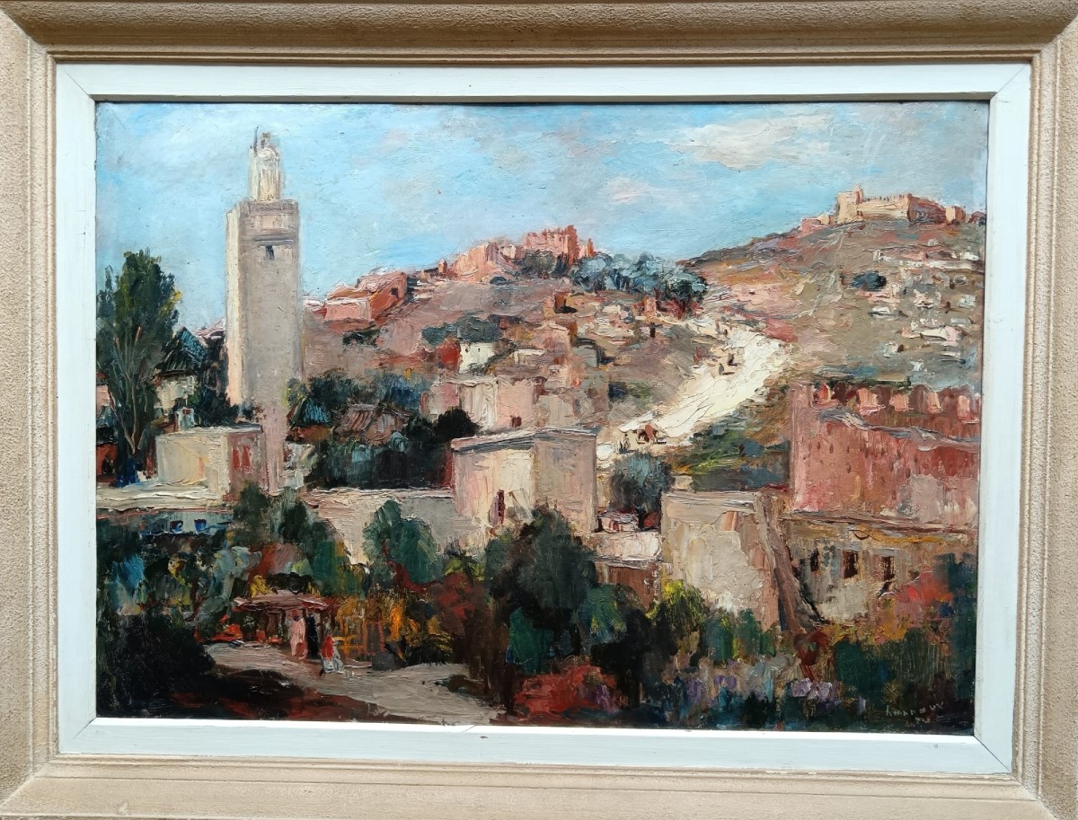 Ecole orientaliste. Huile sur carton "Bab Guissa à Fez" 70 X 98,5 cm