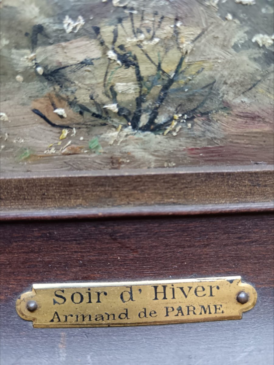 École pointilliste. Huile sur panneau "soir d'hiver" 22,5 X 16,3 cm-photo-3