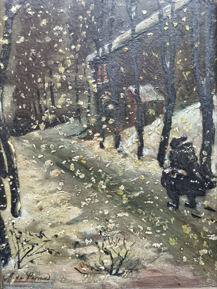 École pointilliste. Huile sur panneau "soir d'hiver" 22,5 X 16,3 cm-photo-1
