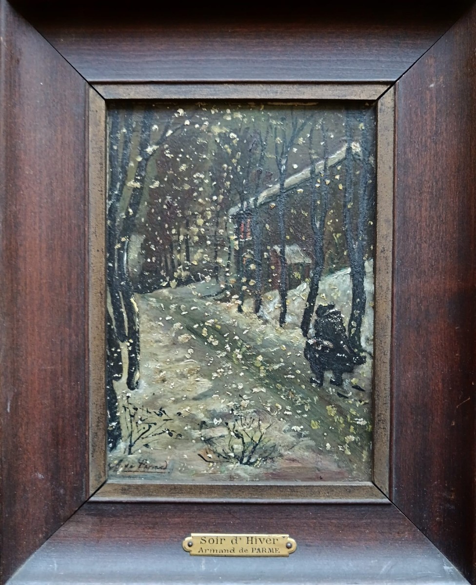 École pointilliste. Huile sur panneau "soir d'hiver" 22,5 X 16,3 cm