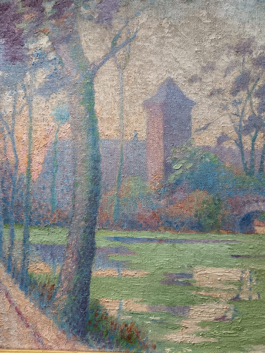 École néo-impressionniste. Huile sur toile "dans le parc du château" 35 X 26,6 cm-photo-4