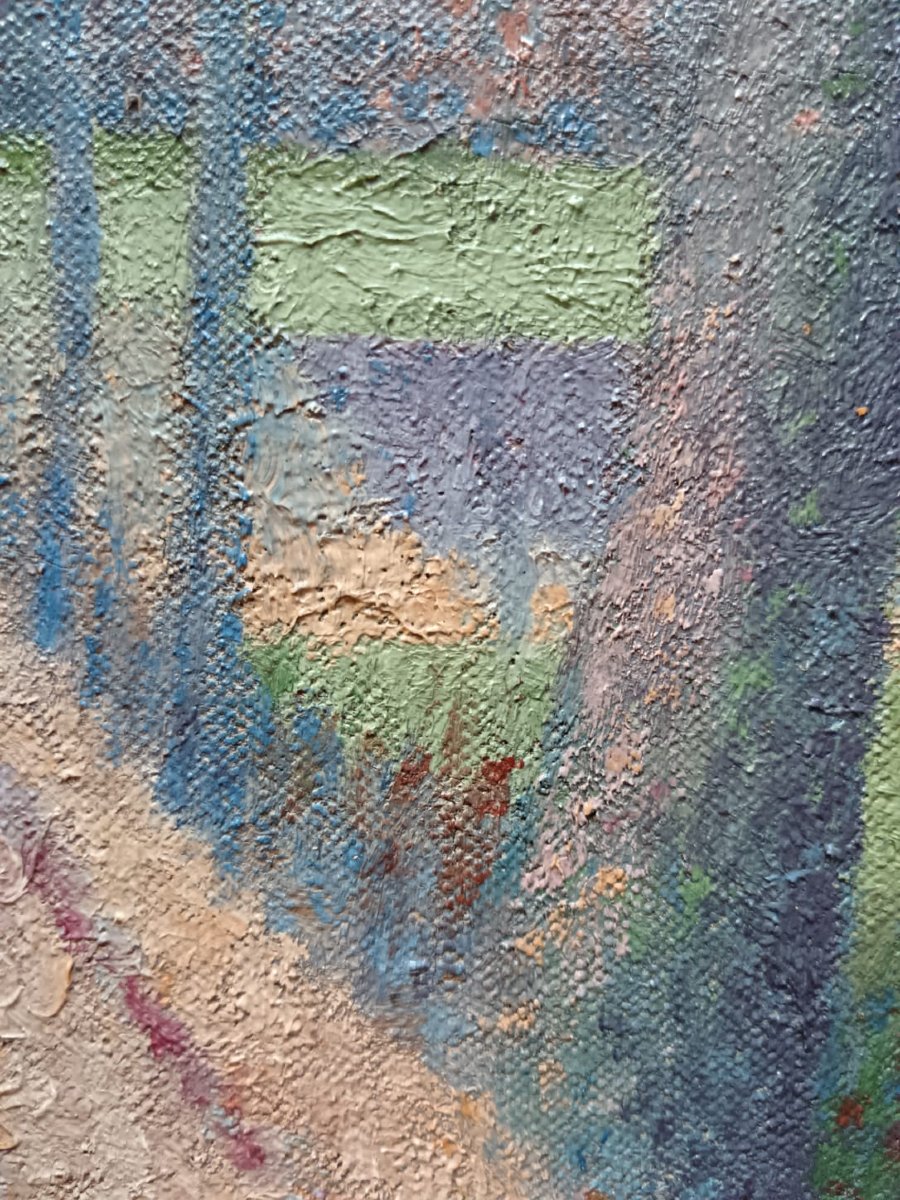 École néo-impressionniste. Huile sur toile "dans le parc du château" 35 X 26,6 cm-photo-3