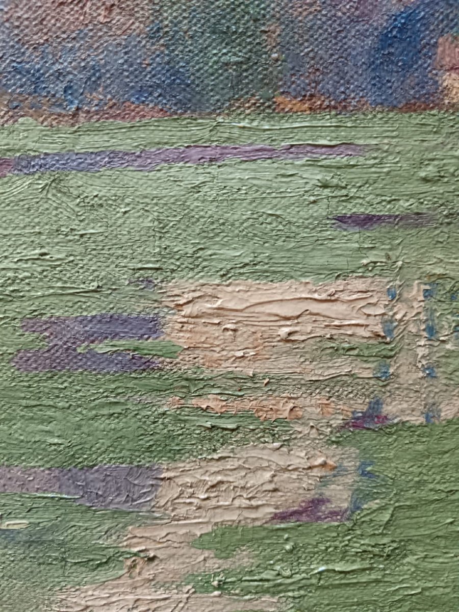École néo-impressionniste. Huile sur toile "dans le parc du château" 35 X 26,6 cm-photo-4