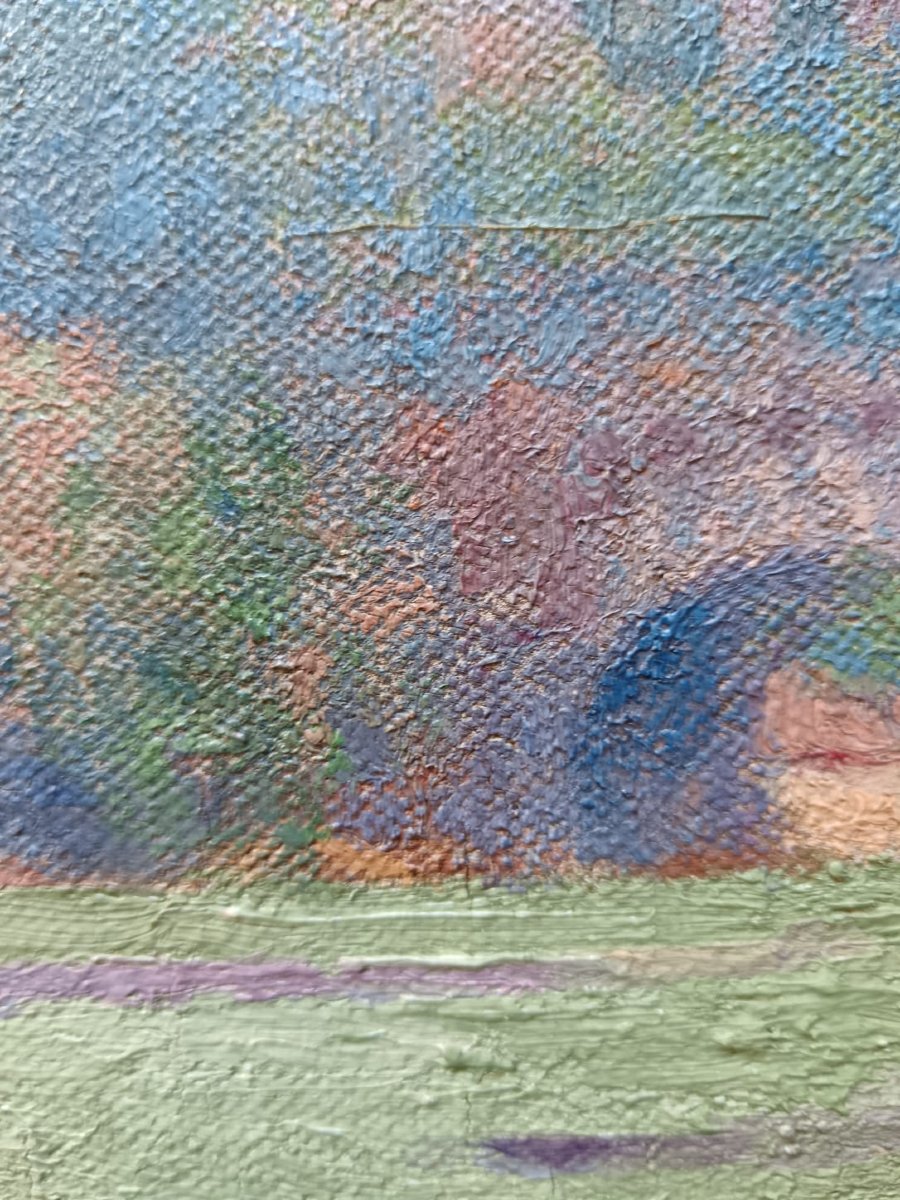 École néo-impressionniste. Huile sur toile "dans le parc du château" 35 X 26,6 cm-photo-8