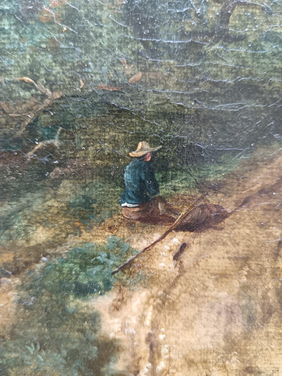 Jacob Van Ruisdael d'après. Huile sur toile "à l'orée du bois" 35,1 X 29,3 cm-photo-1