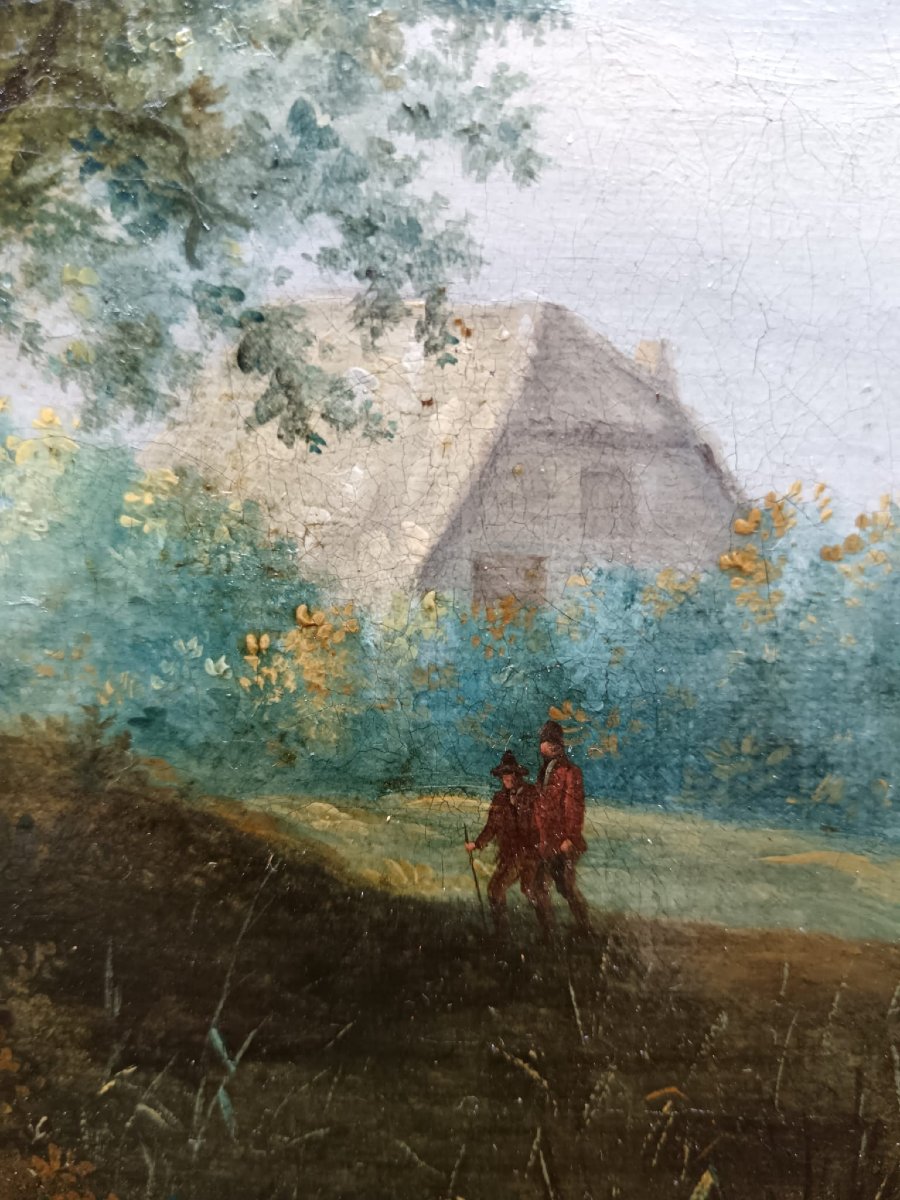 Jacob Van Ruisdael d'après. Huile sur toile "à l'orée du bois" 35,1 X 29,3 cm-photo-3