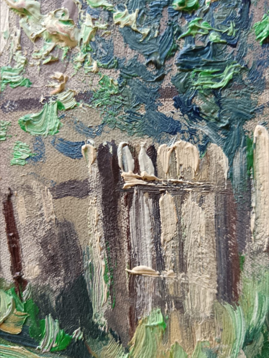 Norman Lloyd. Huile sur carton " l'église Saint-Etienne à Chavignolles" 33 X 40 cm-photo-1