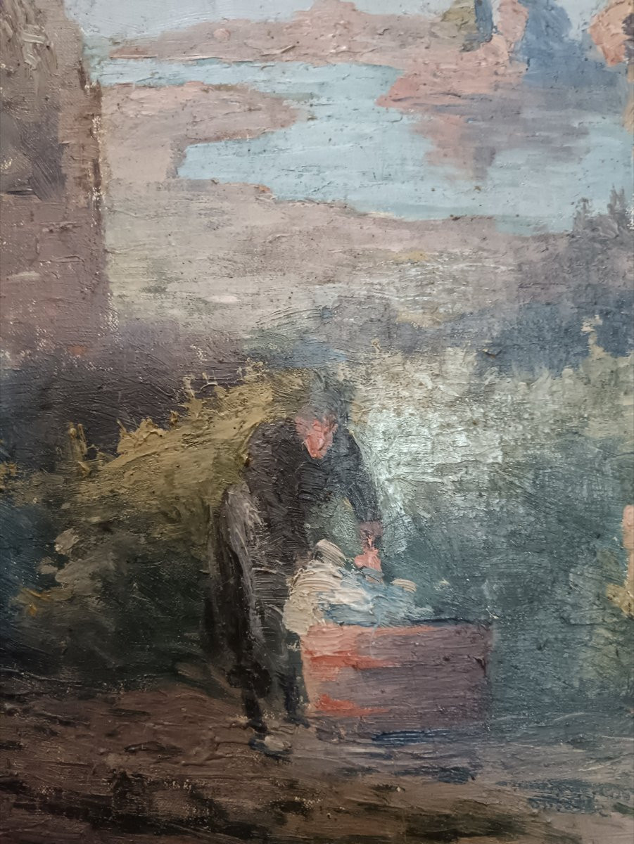 Ecole bretonne " la lavandière rejoint sa masure au bord de l'eau" -photo-4