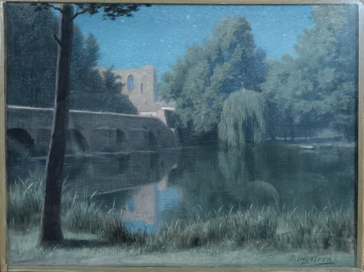Paul Ingelrans "le pont sur le Loing et la tour de Ganne vus de la berge"