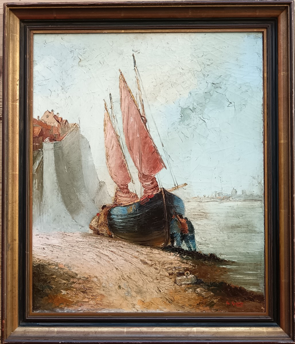 Marine "à marée basse au pied du fort National, Saint-Malo en arrière-plan"