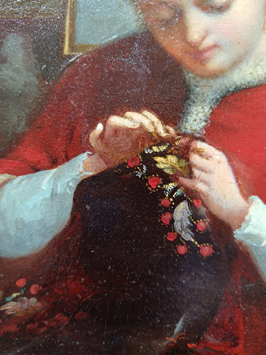 Ecole polonaise. K. Lucjan Przepiorski "Belle, couturière, entourée de beaux tableaux"-photo-2