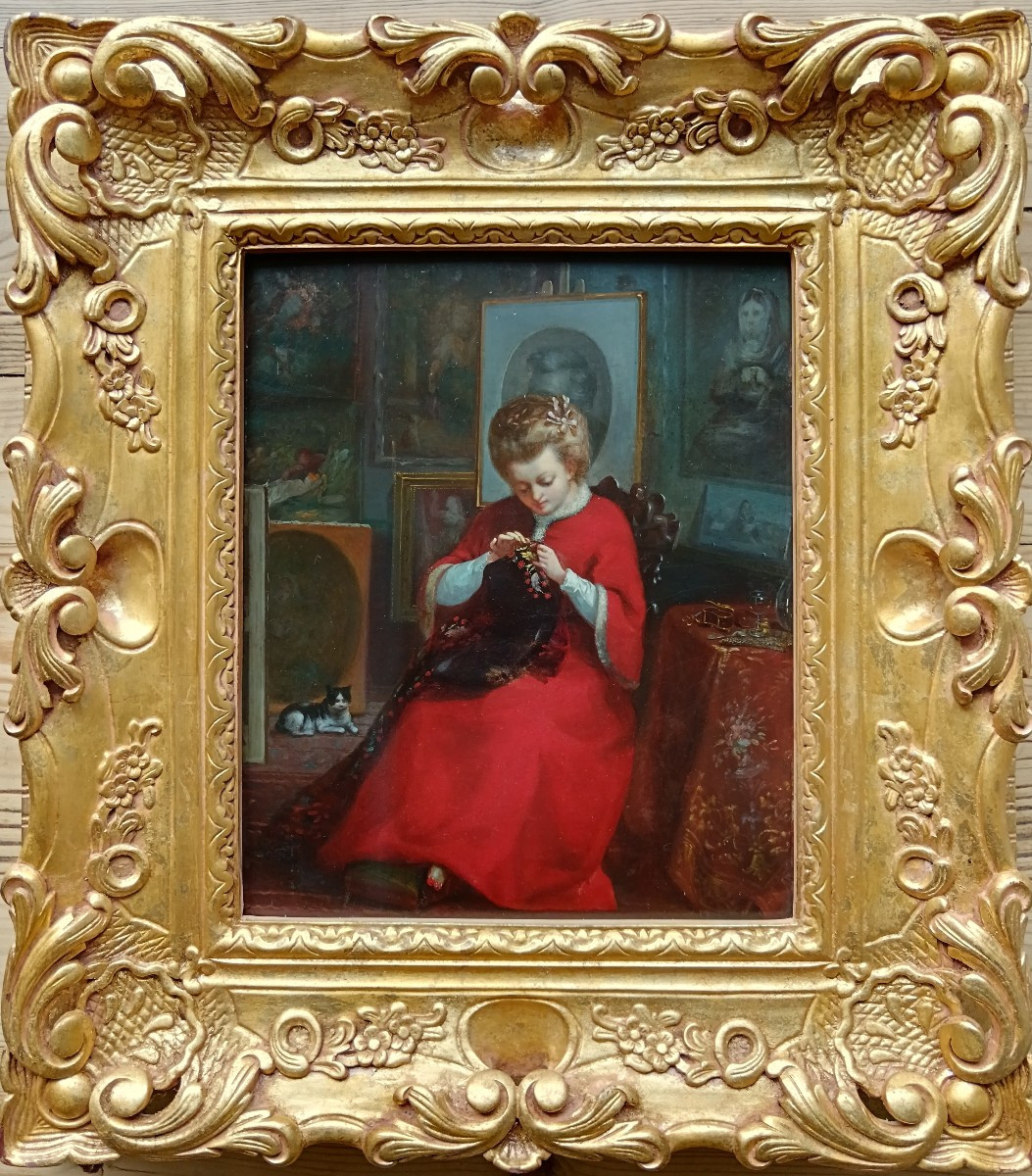 Ecole polonaise. K. Lucjan Przepiorski "Belle, couturière, entourée de beaux tableaux"