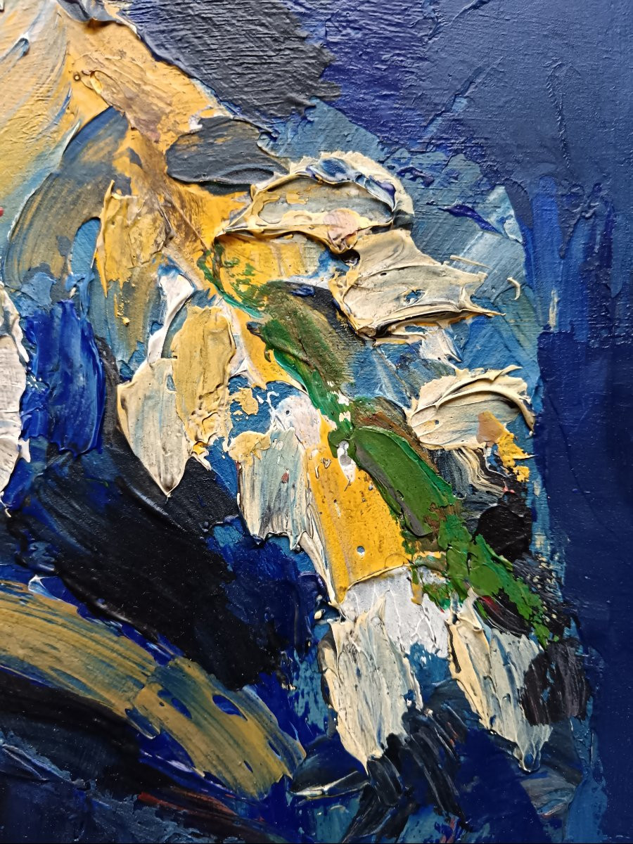 Pierre Ambrogiani "bouquet de fleurs sur fond bleu"-photo-3