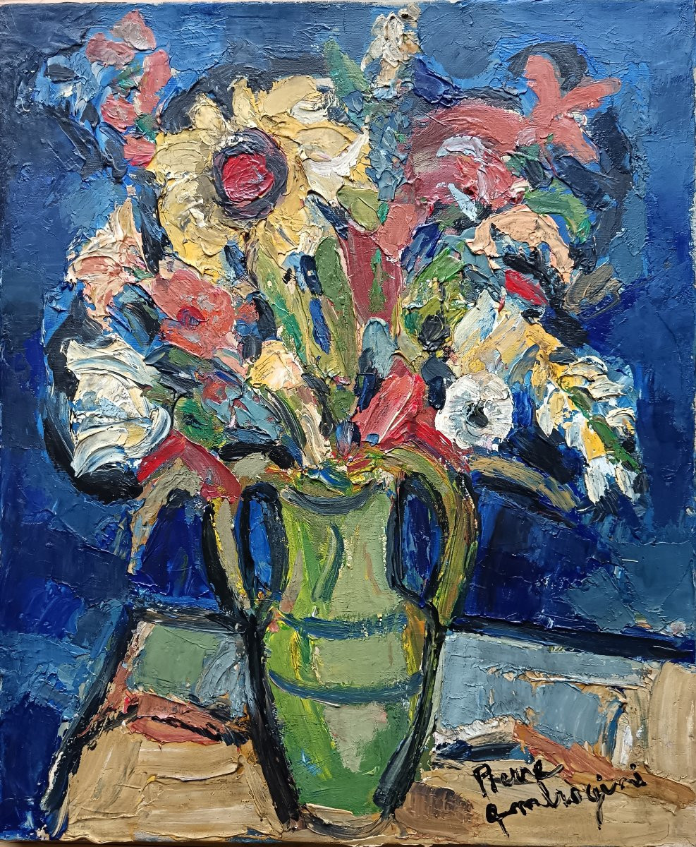 Pierre Ambrogiani "bouquet de fleurs sur fond bleu"-photo-2
