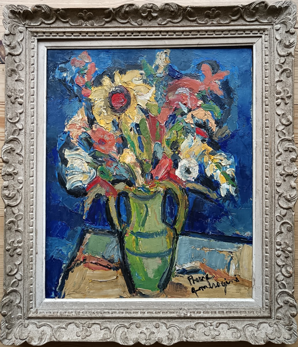 Pierre Ambrogiani "bouquet de fleurs sur fond bleu"