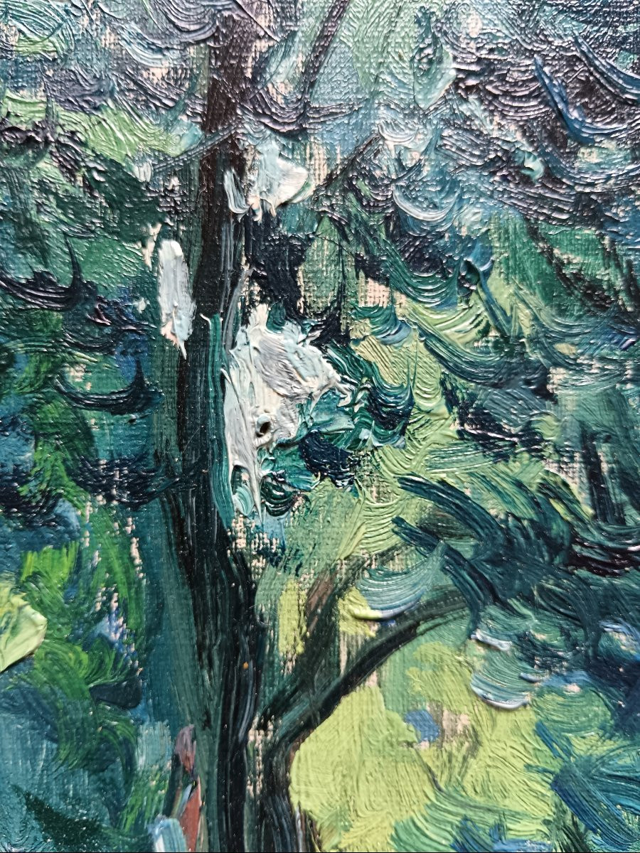 Ecole néo impressionniste "les toits orange qui surplombent la placide rivière"-photo-2