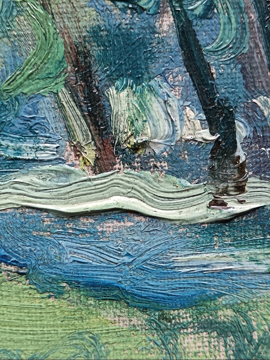 Ecole néo impressionniste "les toits orange qui surplombent la placide rivière"-photo-2