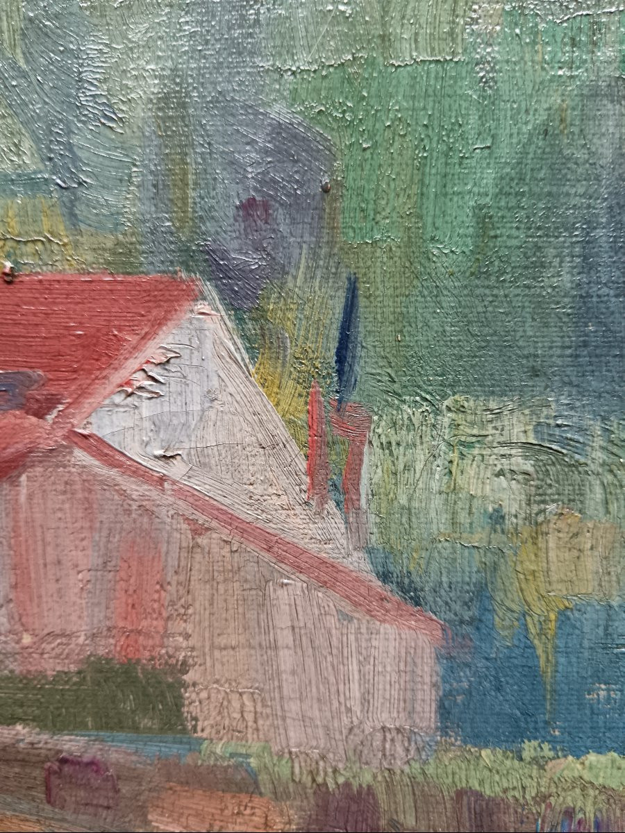 Ecole néo impressionniste. Edward. S. Lowe "le hameau au bord du canal"-photo-2