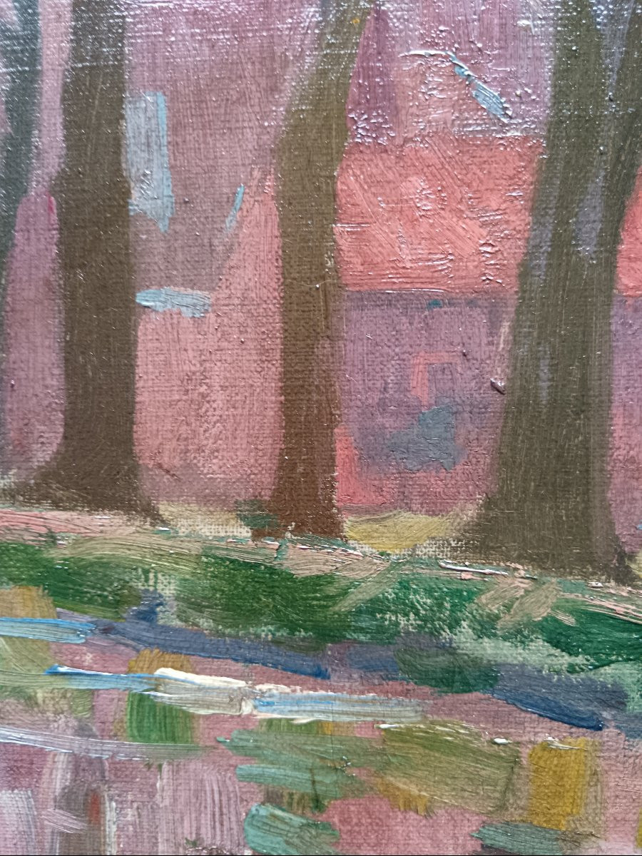 Ecole néo impressionniste. Edward. S. Lowe "le hameau au bord du canal"-photo-3