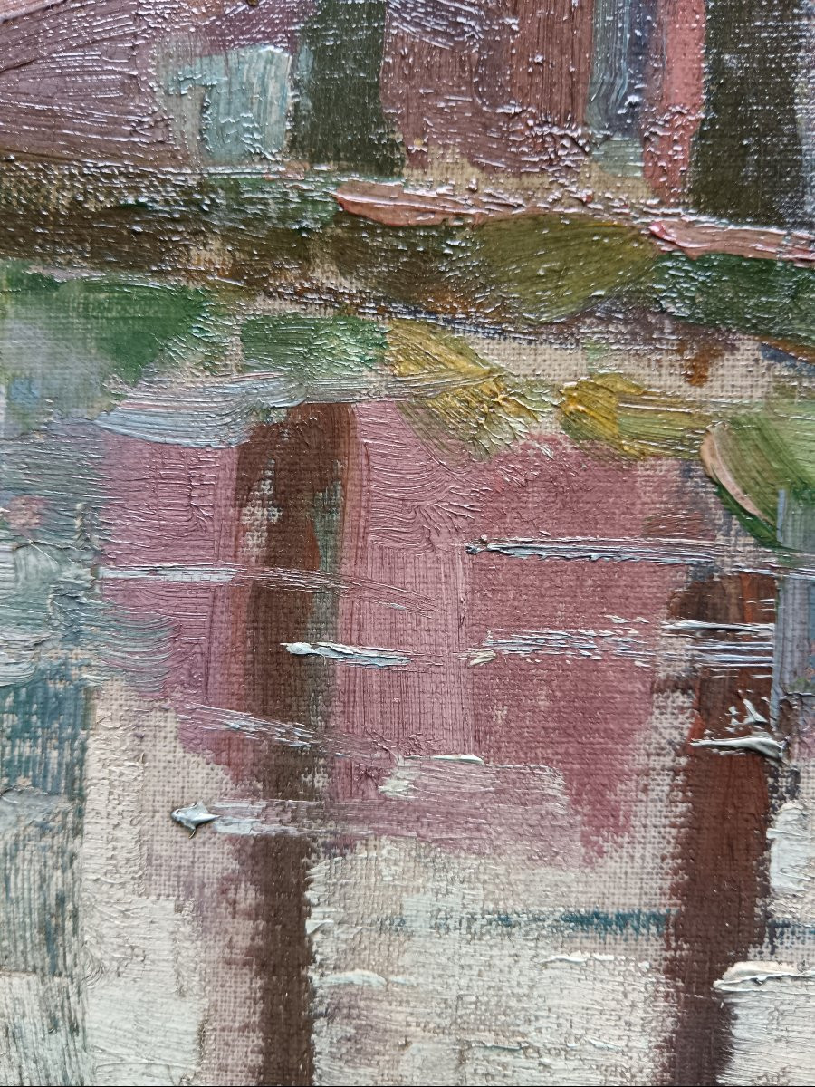 Ecole néo impressionniste. Edward. S. Lowe "le hameau au bord du canal"-photo-4