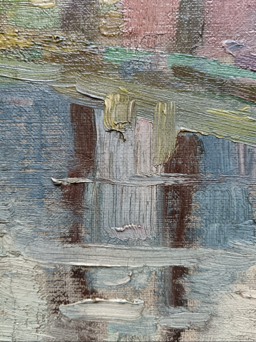 Ecole néo impressionniste. Edward. S. Lowe "le hameau au bord du canal"-photo-5