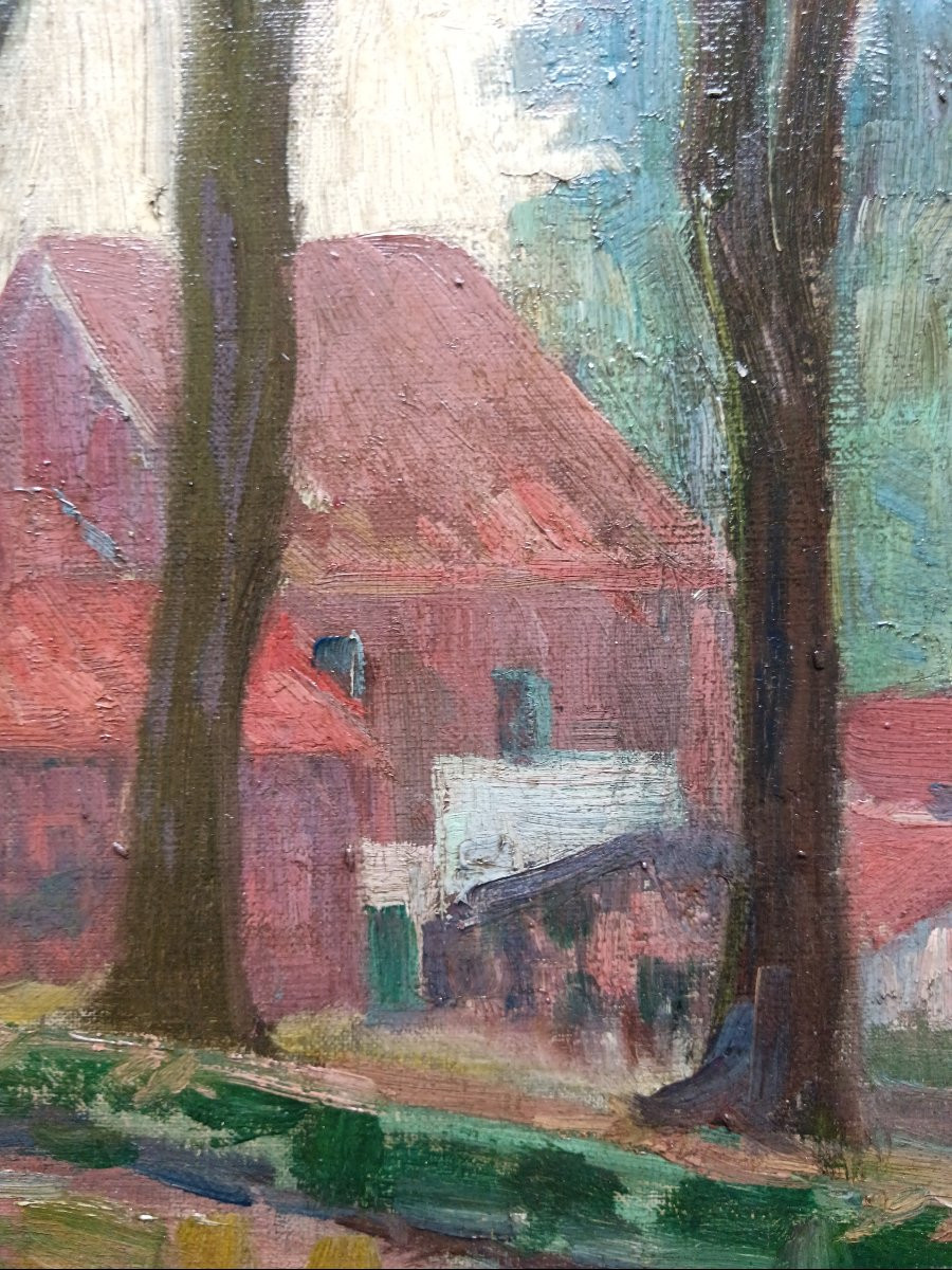 Ecole néo impressionniste. Edward. S. Lowe "le hameau au bord du canal"-photo-8