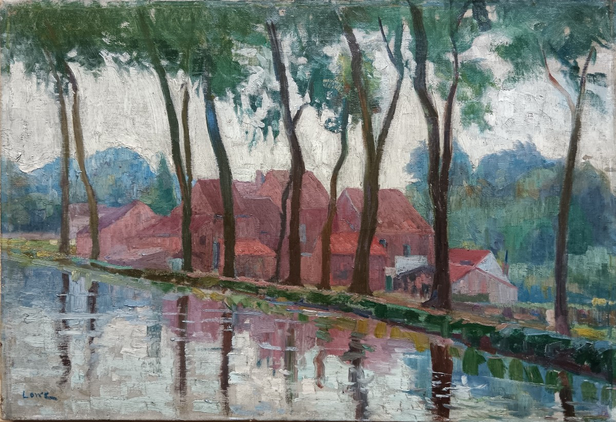 Ecole néo impressionniste. Edward. S. Lowe "le hameau au bord du canal"