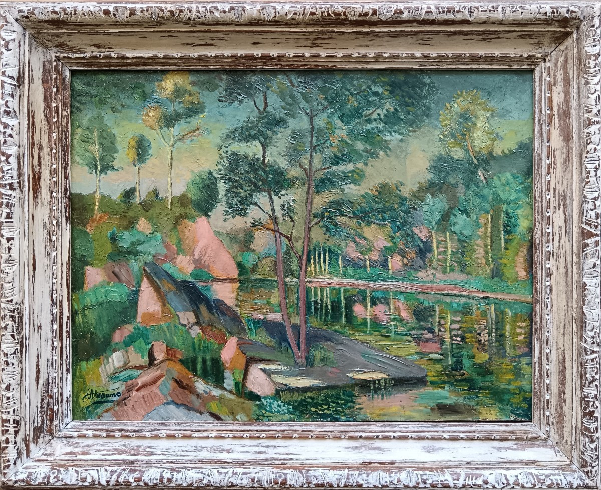 Neo-impressionist School. Ludovic Alleaume "the River In The Forest"