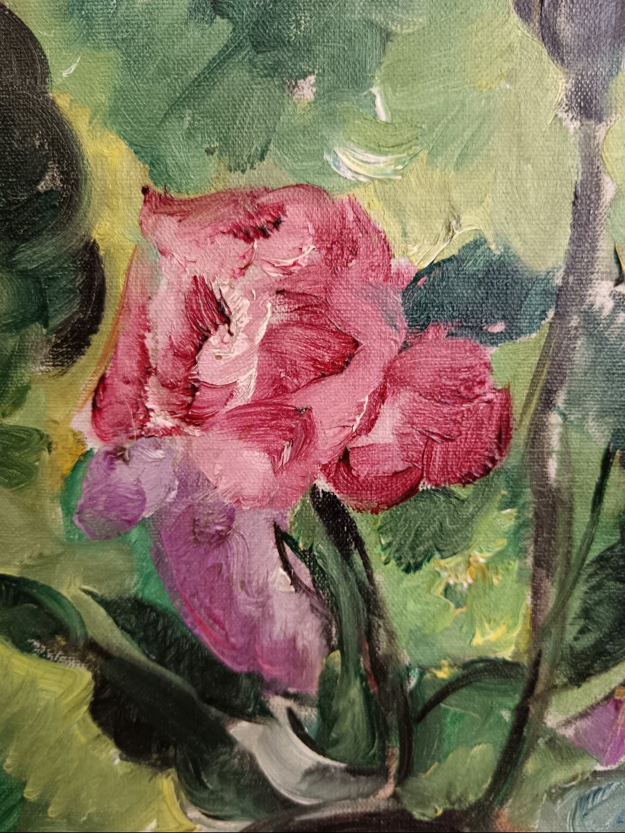 Ecole fauve. Jef De Pauw "bouquet de fleurs surplombant un paysage fauve"-photo-3