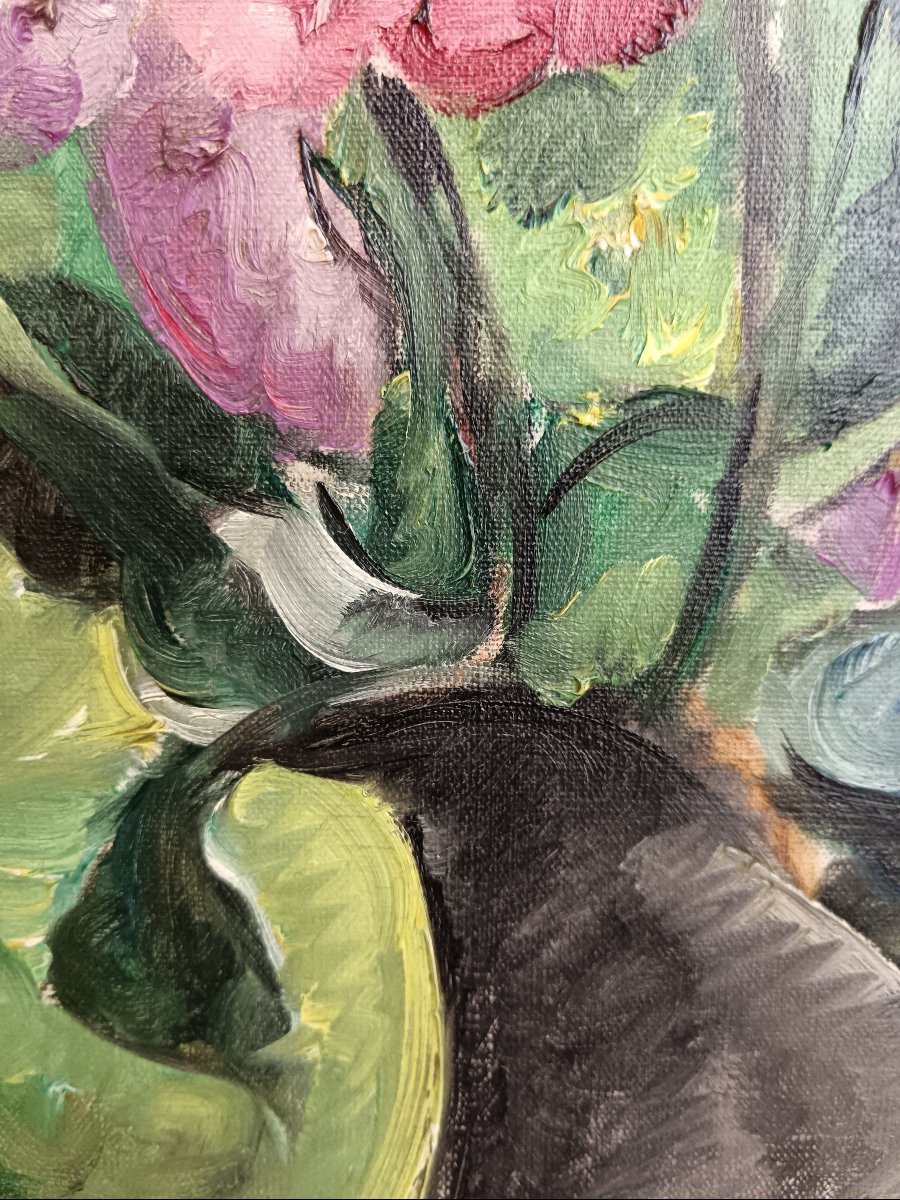 Ecole fauve. Jef De Pauw "bouquet de fleurs surplombant un paysage fauve"-photo-5