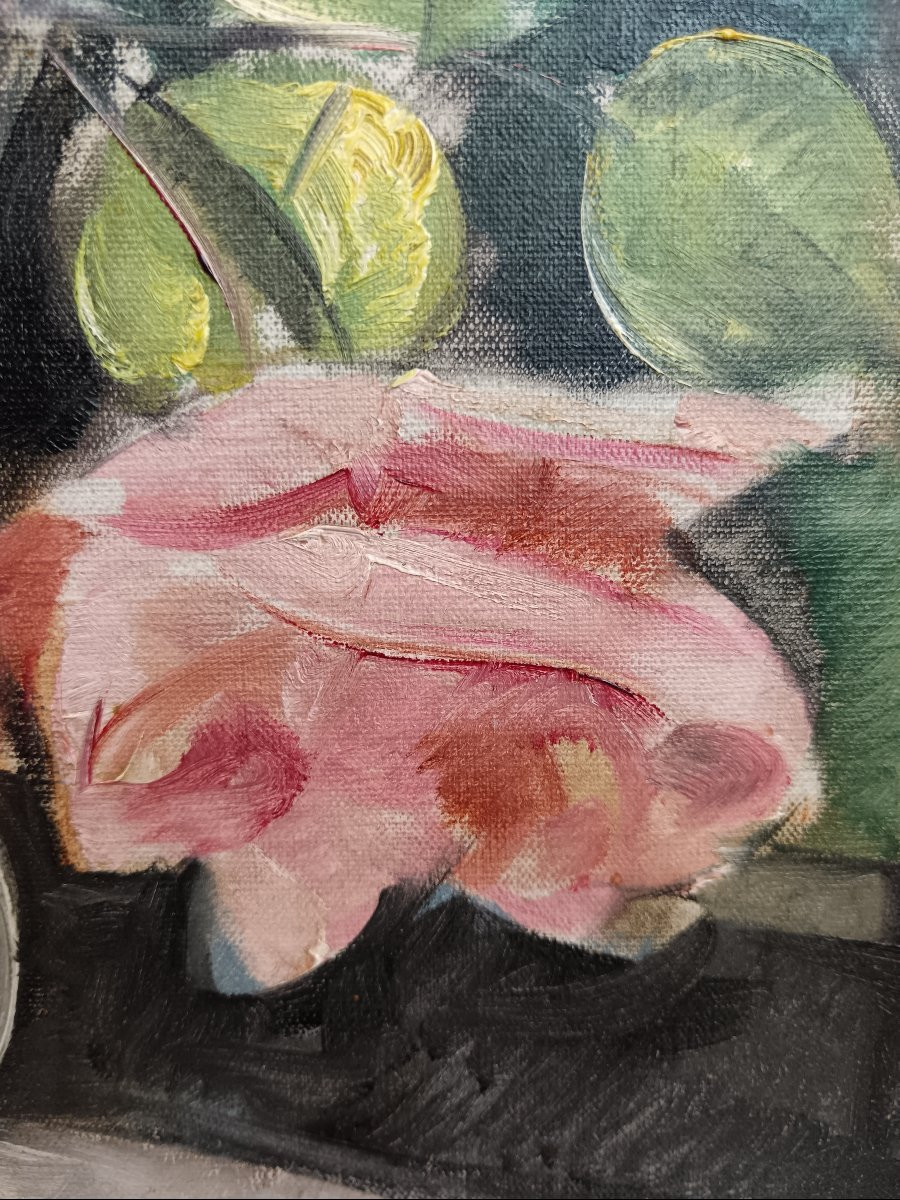 Ecole fauve. Jef De Pauw "bouquet de fleurs surplombant un paysage fauve"-photo-7